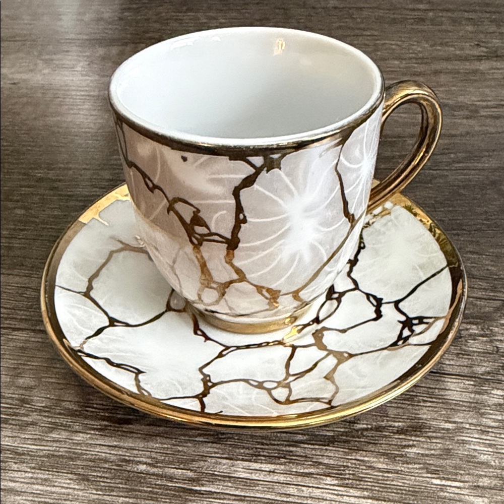 Vintage White Porcelain Turkish coffee cup and Saucer with Gold Vein Detail